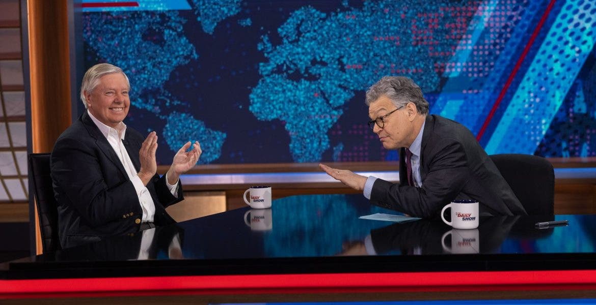 Al Franken is guest hosting "The Daily Show" this week and started with an overly-friendly interview of his old colleague Lindsey Graham.