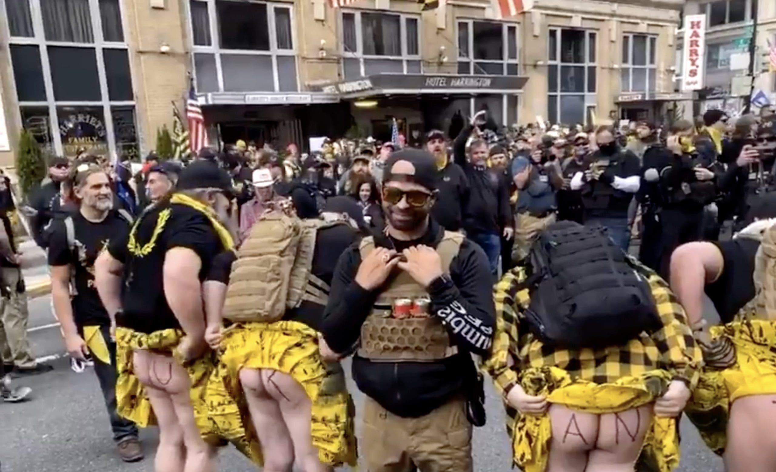Proud Boys show off their kilts and much more in tasteless protest against Antifa...